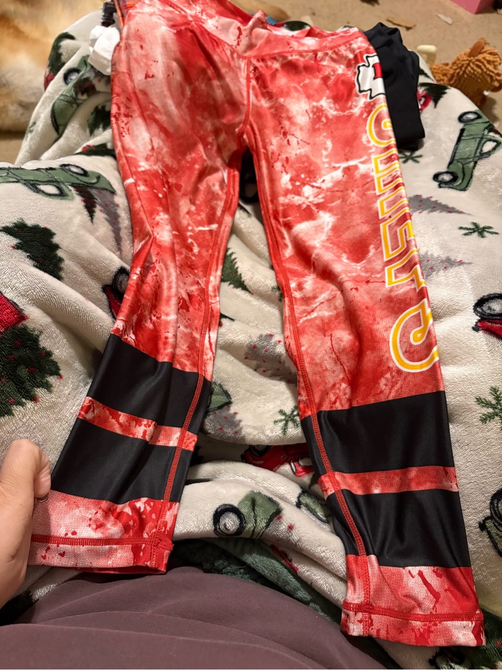 Team Apparel Red Tie-Dye Leggings with Black Panels and Yellow Script